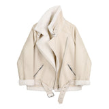 Fitaylor Winter Women Sheepskin Jackets Fur Collar Zipper Parka Warm Thick Outerwear Faux Lamb Leather Jacket Oversized Coat