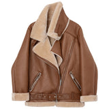 Fitaylor Winter Women Sheepskin Jackets Fur Collar Zipper Parka Warm Thick Outerwear Faux Lamb Leather Jacket Oversized Coat