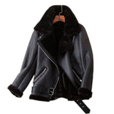 Fitaylor Winter Women Sheepskin Jackets Fur Collar Zipper Parka Warm Thick Outerwear Faux Lamb Leather Jacket Oversized Coat