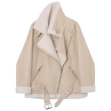 Fitaylor Winter Women Sheepskin Jackets Fur Collar Zipper Parka Warm Thick Outerwear Faux Lamb Leather Jacket Oversized Coat