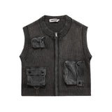 Men's Streetwear Vintage Knitted Vest Men Three-dimensional Multi-pocket Autumn Winter  New Zipped Sleeveless Waistcoat
