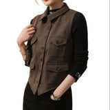 Women's Tweed Wool Vest Slim Fit Business Jacket Ladies Sleeveless Retro Waistcoat жилетка женская