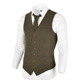 VOBOOM Wool Tweed Mens Waistcoat Single-breasted Herringbone Slim Fitted Suit Vests 007