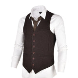 VOBOOM Wool Tweed Mens Waistcoat Single-breasted Herringbone Slim Fitted Suit Vests 007