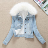 Denim Jackets Fur Collar Hooded Warm Parka Winter Jacket Women Lamb Fur Padded Denim Outwear Female Plus Velvet Coat