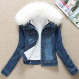 Denim Jackets Fur Collar Hooded Warm Parka Winter Jacket Women Lamb Fur Padded Denim Outwear Female Plus Velvet Coat