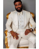 Groomsmen Ivory Pattern Groom Tuxedos Shawl Lapel Men Suits 2 Pieces Wedding Best Man Blazer ( Jacket+Pants+Tie )