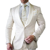Nukty Groomsmen Ivory Pattern Groom Tuxedos Shawl Lapel Men Suits 2 Pieces Wedding Best Man Blazer ( Jacket+Pants+Tie ) C588