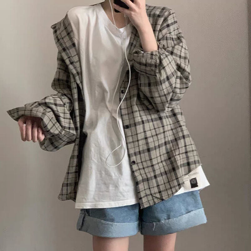 Nukty Retro Plaid Jackets Women Harajuku Unisex All-match Basic Teens Checkered Shirts Outwear Spring Single Breasted Couples Coats