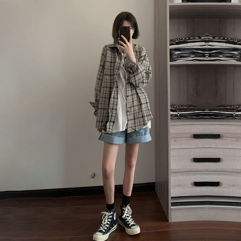 Nukty Retro Plaid Jackets Women Harajuku Unisex All-match Basic Teens Checkered Shirts Outwear Spring Single Breasted Couples Coats