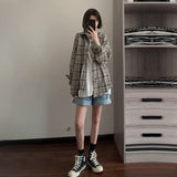 Nukty Retro Plaid Jackets Women Harajuku Unisex All-match Basic Teens Checkered Shirts Outwear Spring Single Breasted Couples Coats